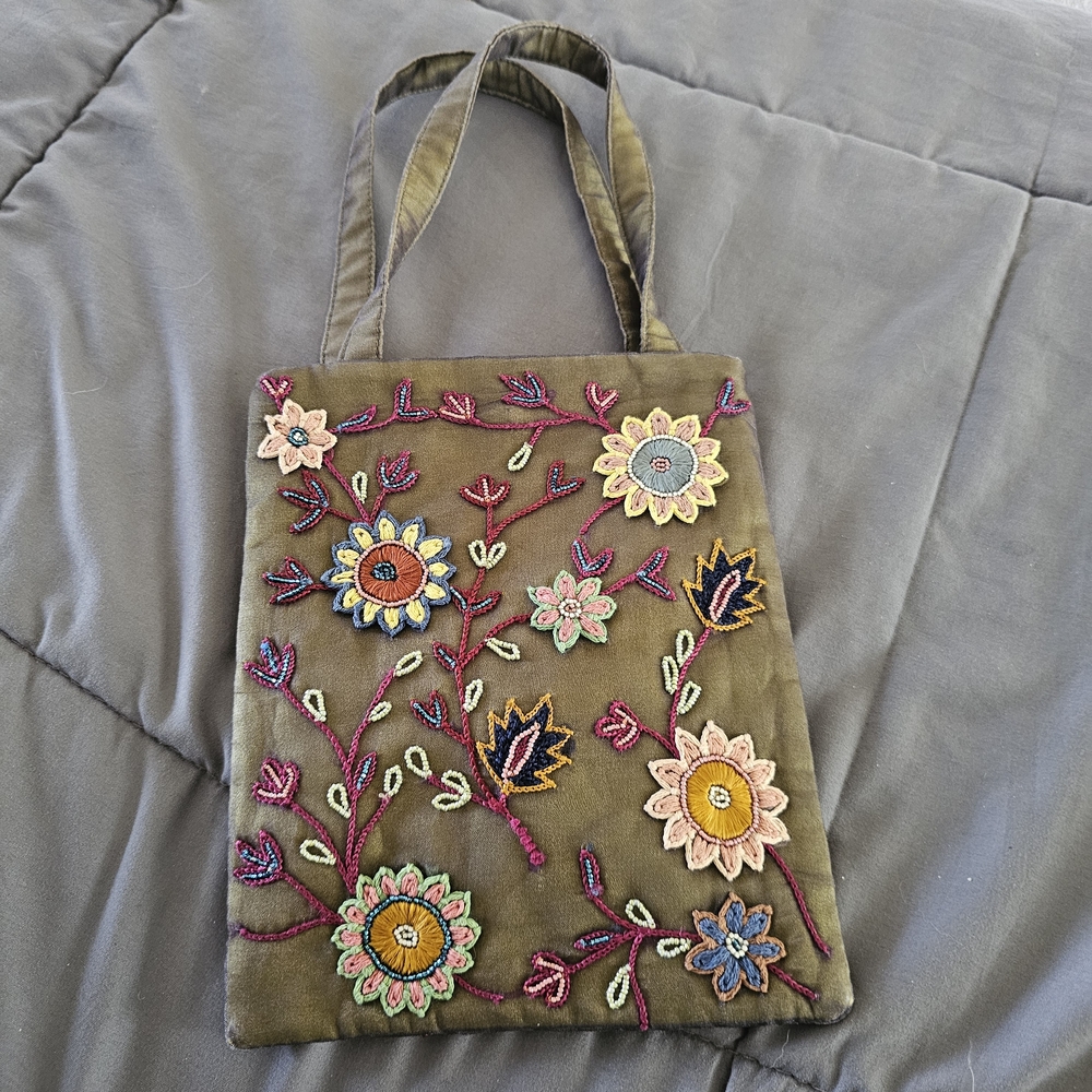 Vintage Megan Park Small Embroidered Silk Bag - Olive and Florals